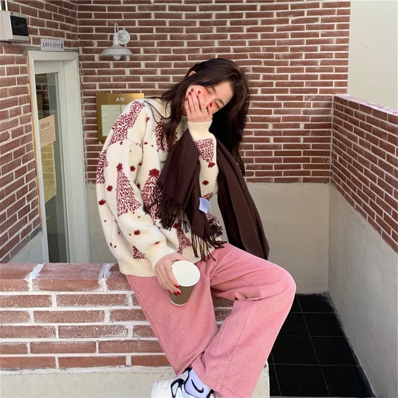 Sweater Women Christmas Tree Knitted Long Sleeve Round Neck Ladies Jumper Fashion Casual Winter Autumn Pullover Clothes NS4976 | Женская