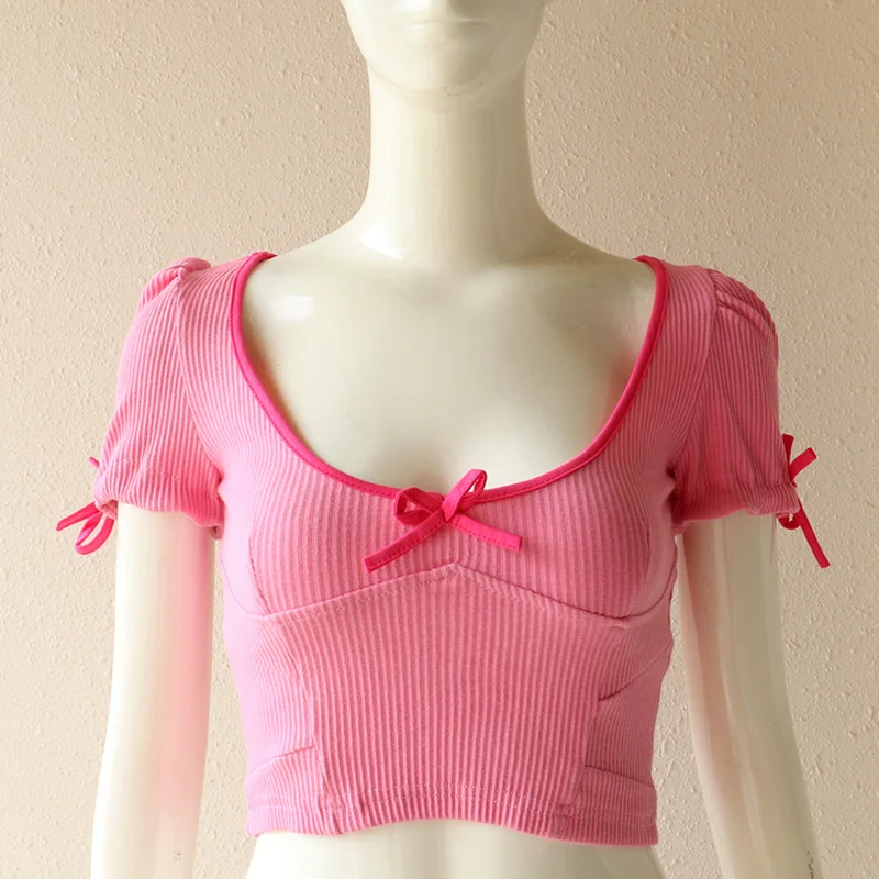 

Summer Sexy Low-cut Gothic Harajuku O Bow Tie Bow Short T-shirt Round Neck Cute Rose Pink Knitted Women's T-shirt Y2k 2021 New