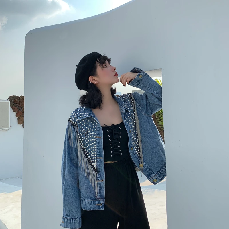 New Women Autumn Hand-studded Rivet Tassel Chain Short Jeans Coat Woman's Loose Jacket Coat Fashion Streetwear Denim Jacket