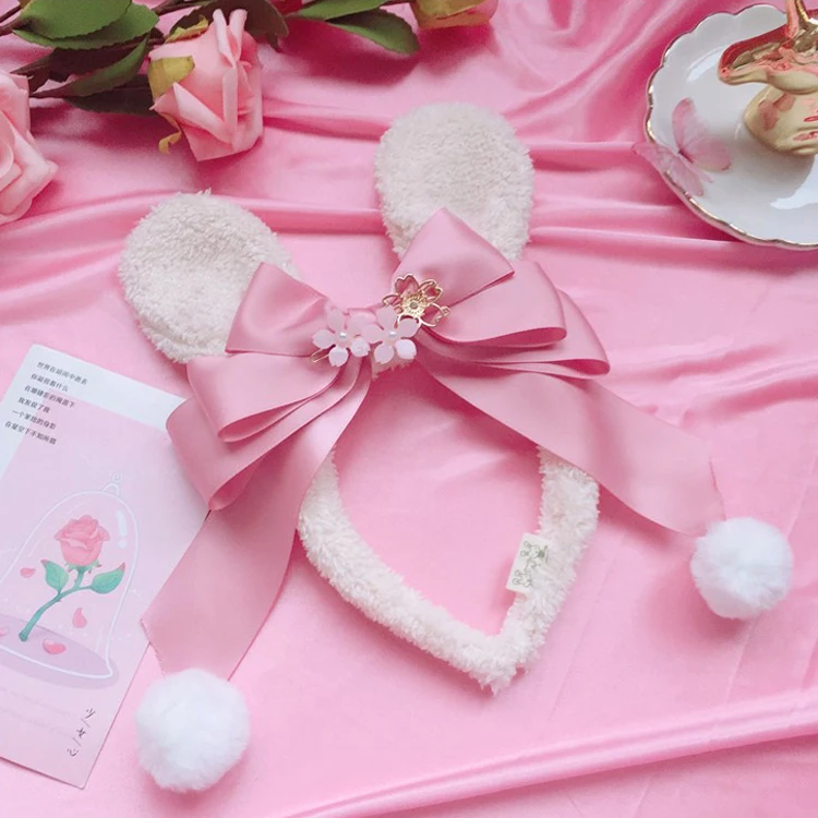 Pink rabbit ears Повязка-бандана для девочки с заячьими ушками в японском стиле с цветком вишни и кроличьими ушками, головной убор для маскарада, головной убор для женщин - Цвет: Pink rabbit ears