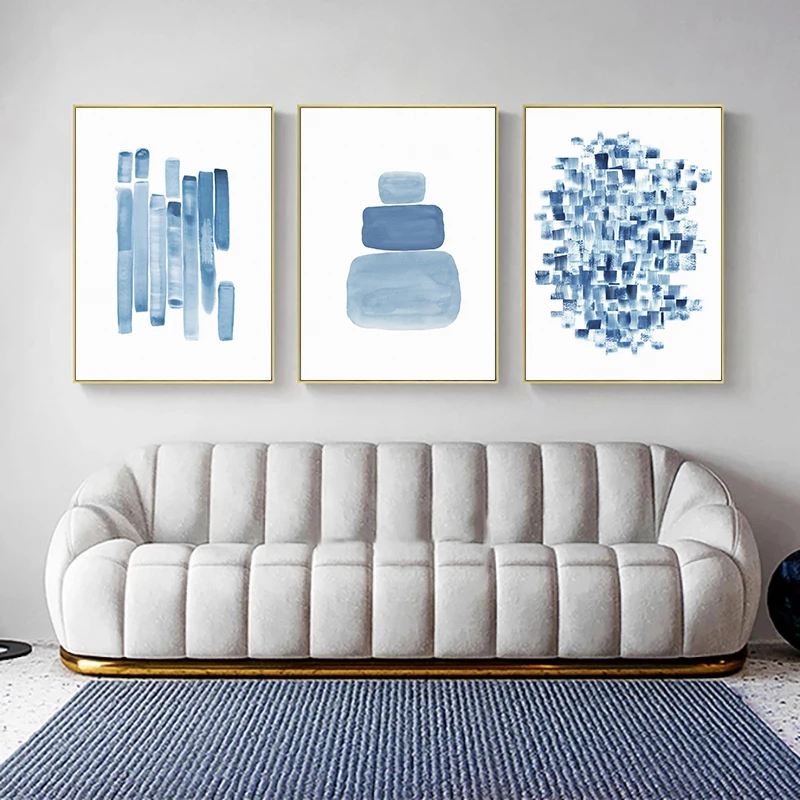 Скандинавский синий акварельный постер на холсте с кисточками современная
