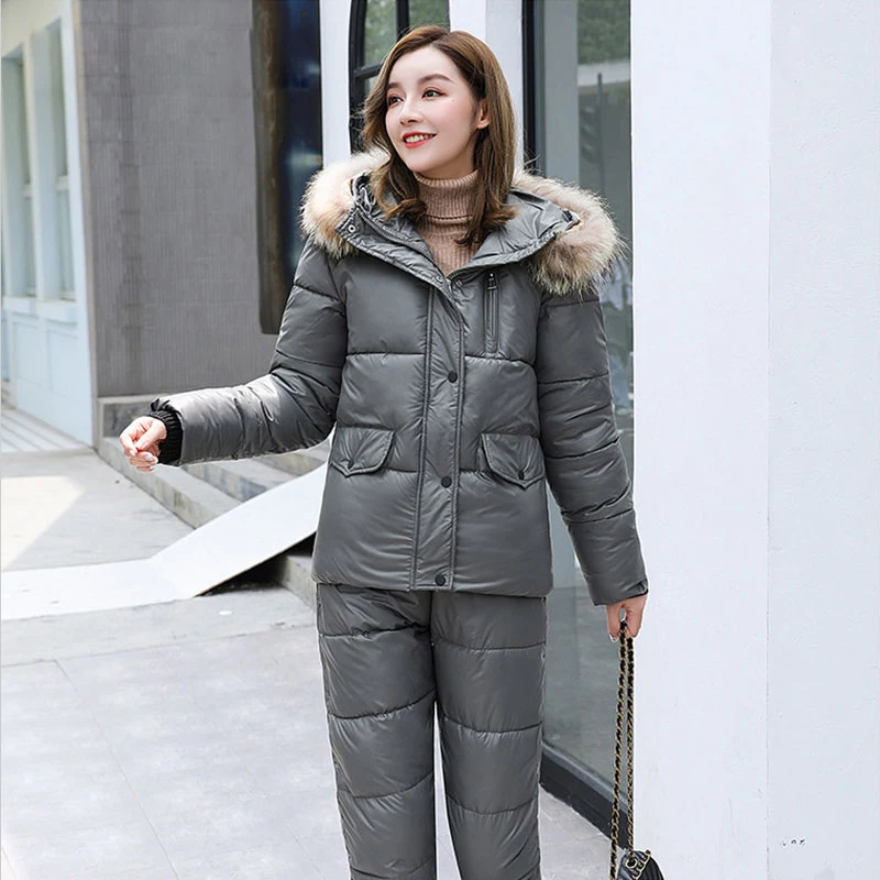 Fitaylor Winter Large Natural Fur Collar Jumpsuit Pants Set Women Outdoor Clothing Snow Suits 2 Piece Cotton Bodysuit Pant Coats |