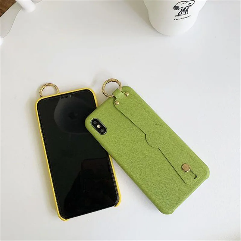 Solid Color PU Leather Phone Case for iPhone 6 6s 7 8 Plus X Xs XR Max Wrist Strap Hand Band Cover |