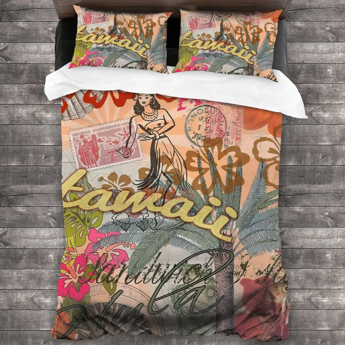 Vintage Hawaii Travel Colorful Hawaiian Tropical Collage Comforter Set with 2 Pillowcase Duvet Cover Bedding Sets Bed | Дом и сад