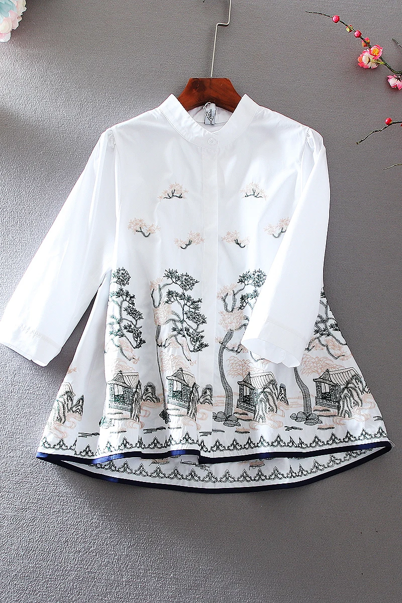 

SuperAen New Design Retro Embroidered High Waist Slim Ruffled Full Shirt Blouse Womens Tops