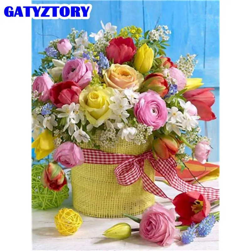 

GATYZTORY Painting By Number Colorful Rose Flower In Vase Painting By Numbers Paint Flower DIY Canvas Picture Hand Painted Home