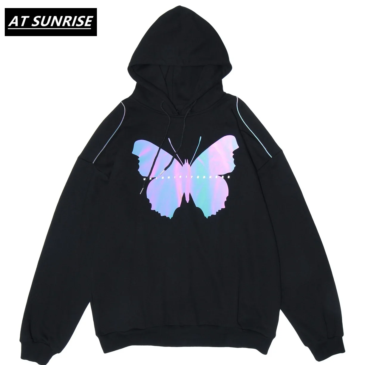 

AT SUNRISE Reflective butterfly Print Hooded Sweatshirts Hoodies Streetwear Men Hip Hop Casual Pullover Topsblack Hoodie Hipster