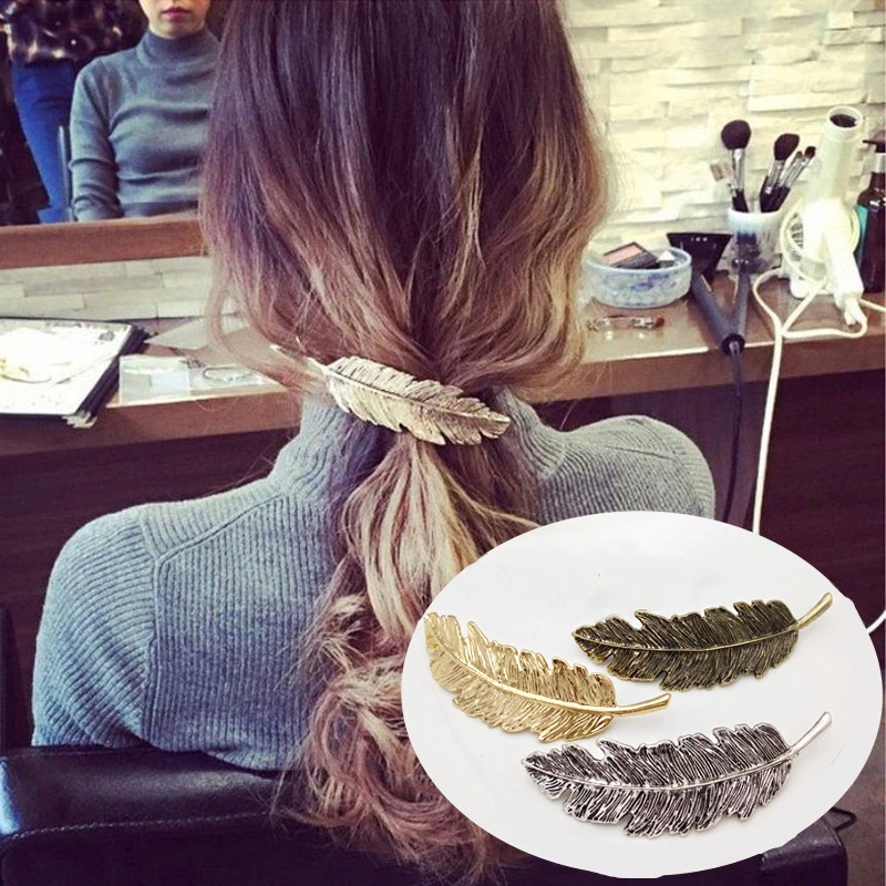 Женские Винтажные заколки для волос с металлическими перьями украшения модная