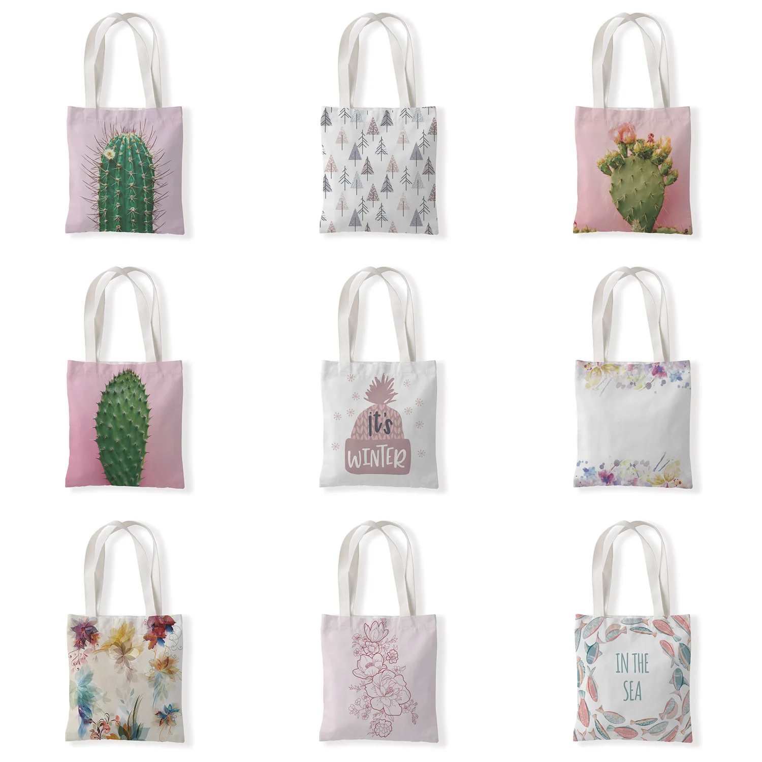 

Women Canvas Shopping Bag Cactus Canvas Shoulder Bag Eco Handbag Tote Reusable Grocery Shopper Bags Students Book Bag