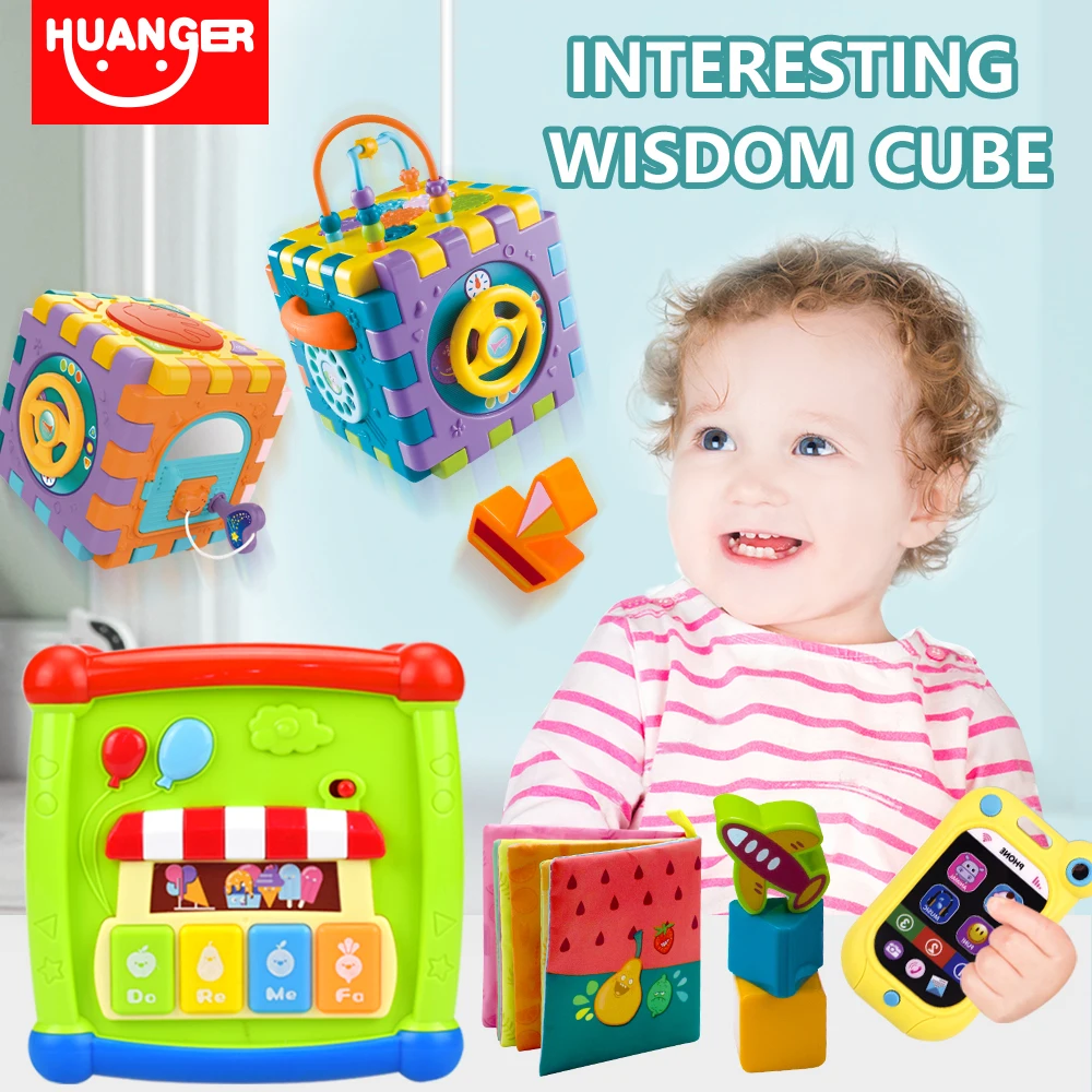 Детские игрушки huanger многофункциональный обучающий куб с часами геометрические