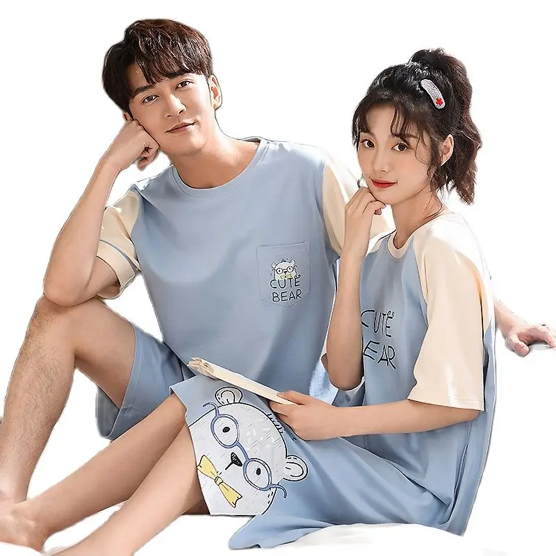 

Couple Pajamas Set Cute Cartoon Sleepwear 100% Cotton Pijamas Sexy Summer Female Nightgown Male Home Clothing