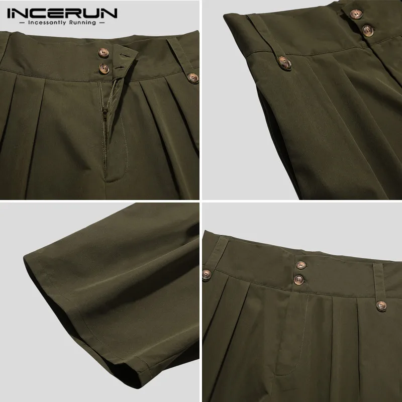 

INCERUN Men Solid Color Shorts Joggers Button Loose Summer 2021 Casual Bottoms Streetwear Korean Style High Waist Mens Shorts