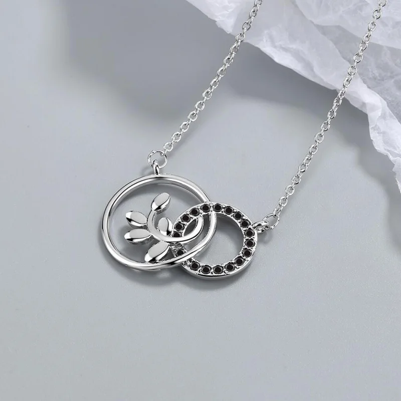 

KOFSAC Fashion 925 Sterling Silver Jewelry Necklaces For Women Zircon Black Circle Leaves Pendant Lady Anniversary Accessories
