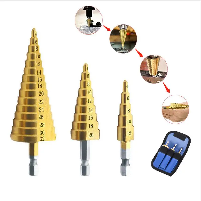 

HSS Titanium Drill Bit 4-12mm 4-20mm 4-32mm Drilling Power Tools Straight Groove Step Drill Bit Wood Metal Open Hole Drill Suit
