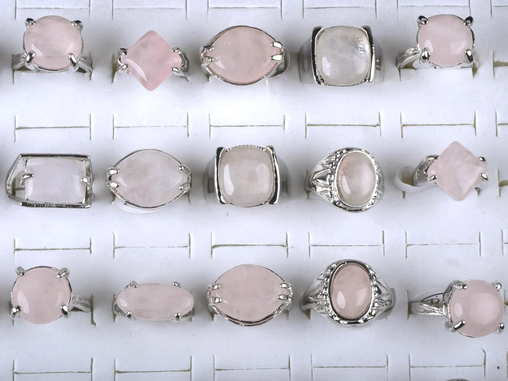

20pcs Wholesale Round/Square Pink/Clear Natural Stone Ring Crystal Gold Silver Rings for Womens Jewelry Gift