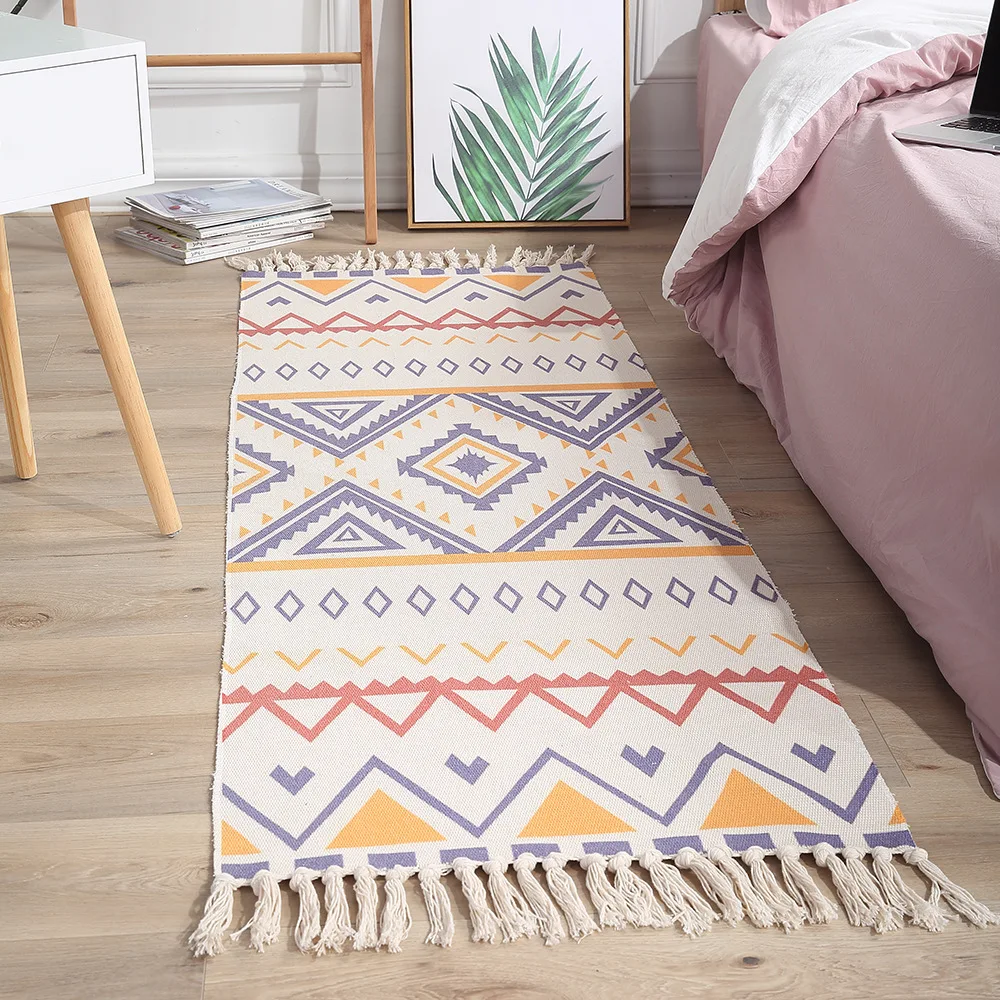 

Luxury Bohemia Ethnic Style Cotton Linen Soft Carpet Handmade Tassel Rug Living Room Bedside Floor Mat Pad Home Boho Decoration
