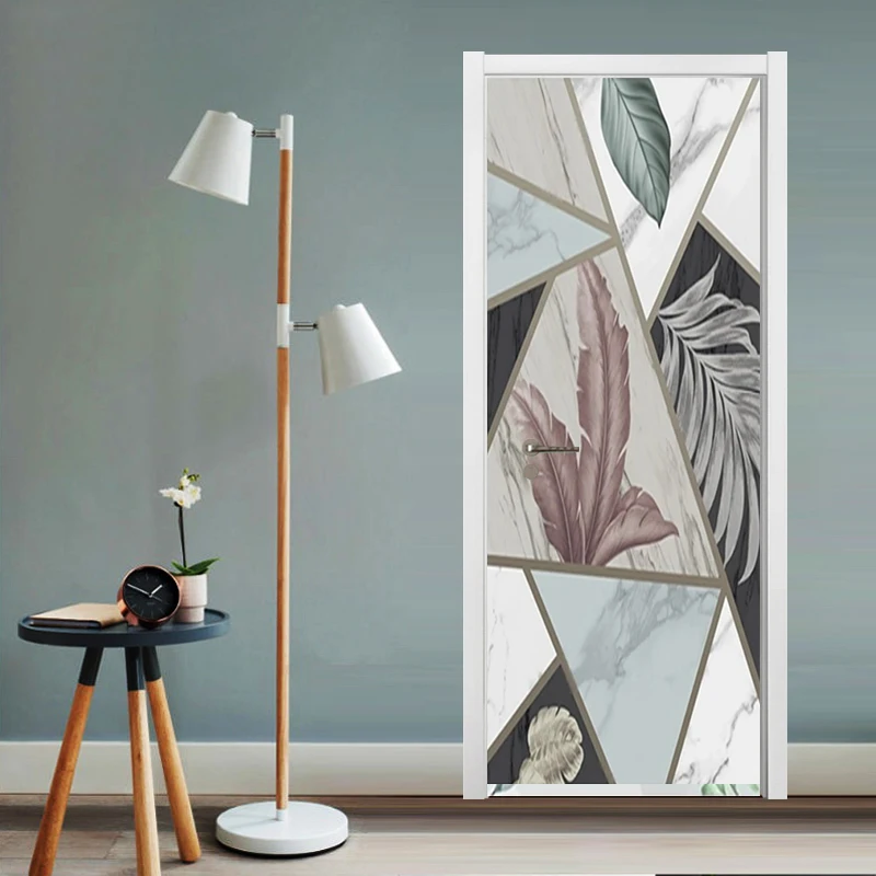 

3D Geometric Pattern Green Leaves Door Sticker Living Room Bedroom Waterproof PVC Self-adhesive Photo Mural Poster Wall Decals