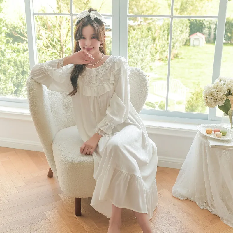 

Vintage Soft Viscose Long Nightgowns For Women Summer Spring Long Sleeve Loose Sleepwear White Lace Night Dress Homewear