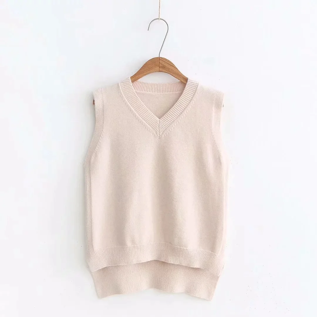 BEIGE Свободный длинный вязаный жилет с v-образным вырезом для отдыха, с коротким передним и задним воротником, однотонный зимний жилет для женщин, плюс размер, свитер, жилет - Цвет: BEIGE