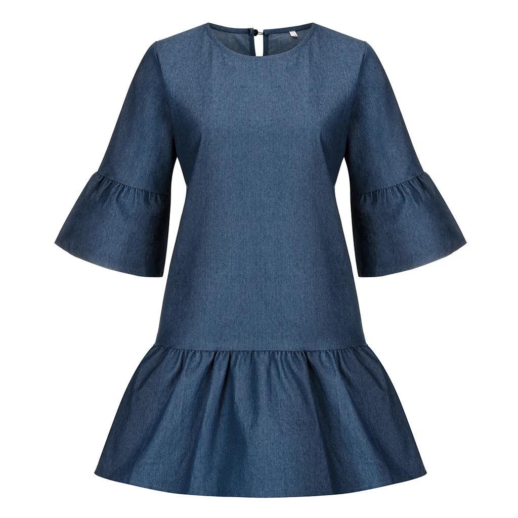 Женское джинсовое платье повседневные однотонные ковбойские платья с круглым