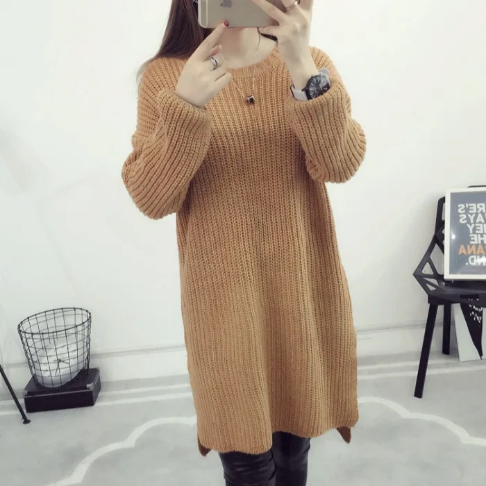 Шикарное зимнее повседневное плотное платье средней длины с разрезом и длинным