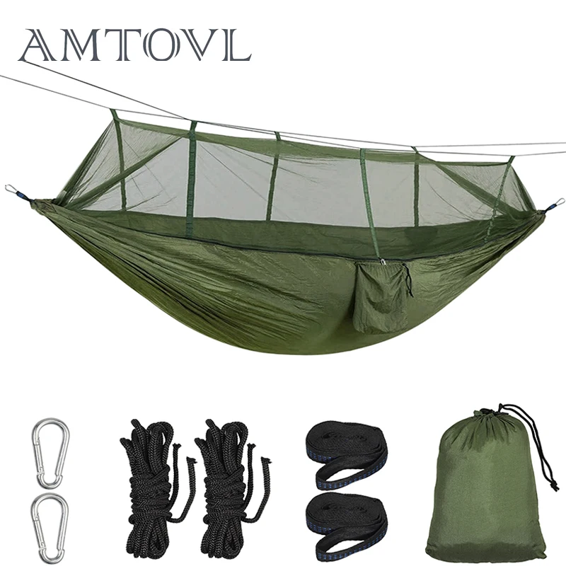 

AMTOVL Portable Outdoor Camping Sleeping Hammock with Mosquito Net High Strength Parachute Fabric Hanging Bed For Hunting Swing