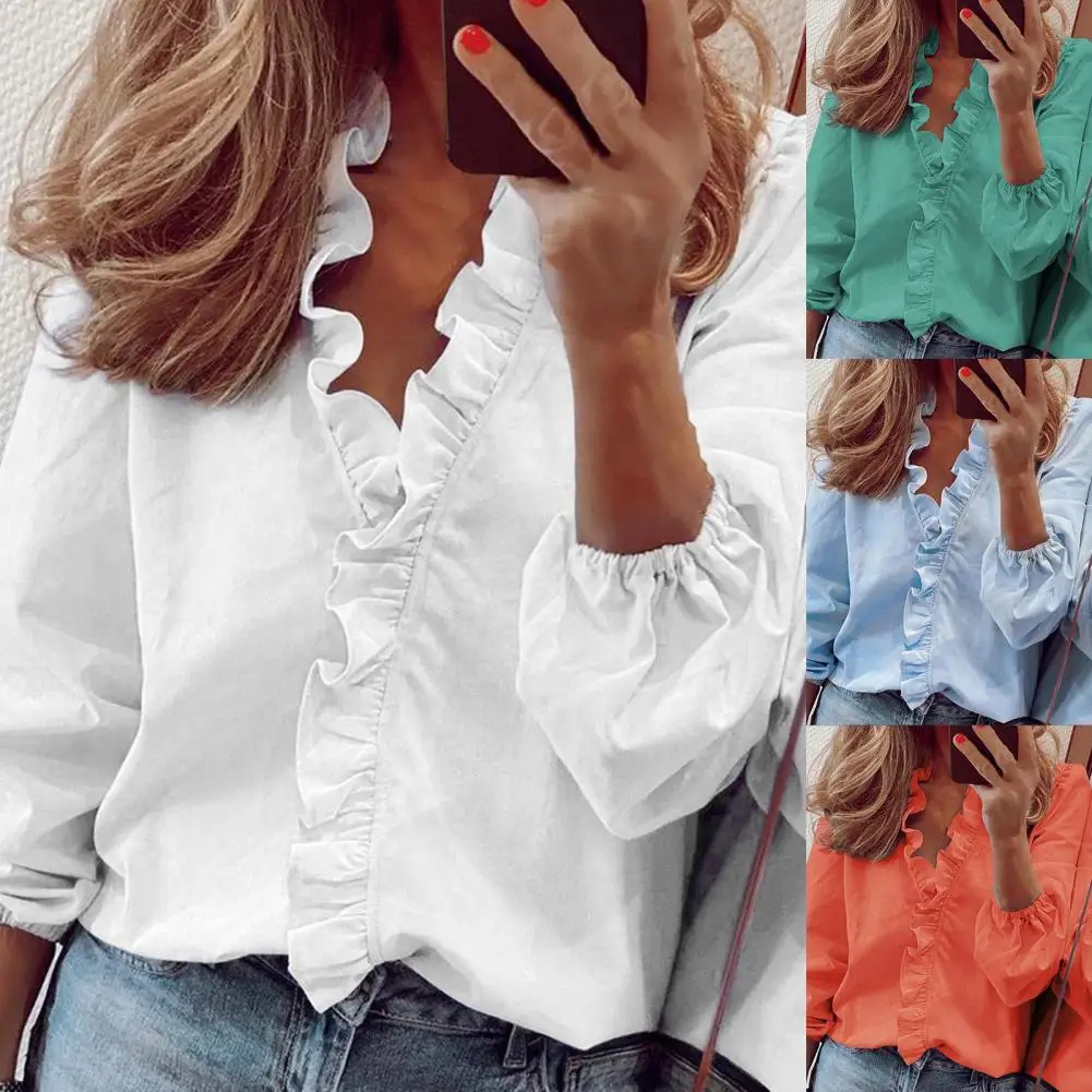 

Fashion Ruffles Women Shirt Sexy V Neck Long Sleeves Ladies Pullover Streetwear Casual Solid Color Female Blouses