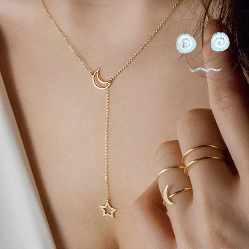 NK319 Fashion Moon Star Pendant Choker Necklace Simple Gold Color Alloy Charm Chain Collares Necklace For Women Party Jewelry