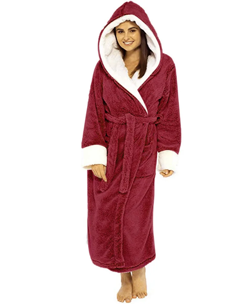 

Women Plush Lengthened Shawl Bathrobe Home Clothes Long Sleeve Robe Coat Sleepwear Pocket Soft Winter Pajamas