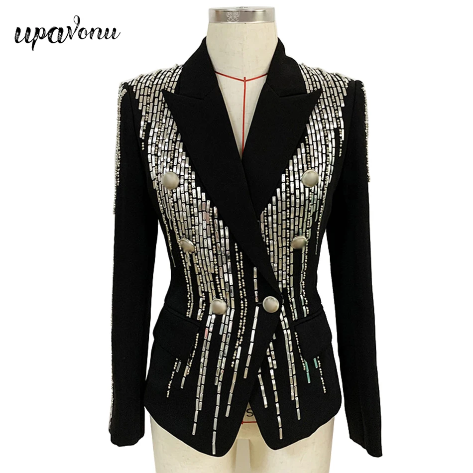 

Free Shipping Streetwear Patchwork Blazer For Women Notched Long Sleeve Sequined Rivet Slim Plus Size Blazers Office Blazer