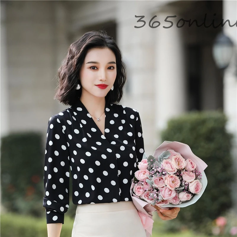 Блузка женская с длинным рукавом модная рубашка в горошек офисная одежда для