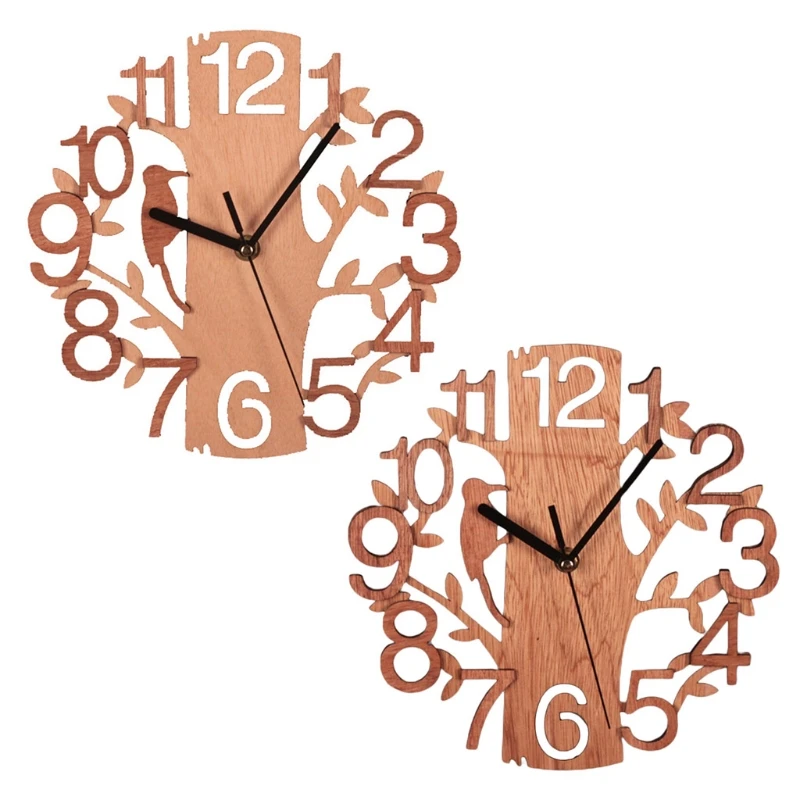 Q9QF Wooden Tree Shape Wall Clock Hanging DIY Round Watches Battery Operated for Office Living Room Home Decoration Supplies