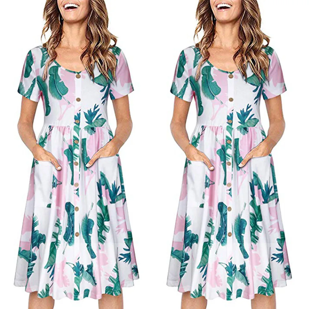 Новинка женское платье с коротким рукавом и v образным вырезом на пуговицах