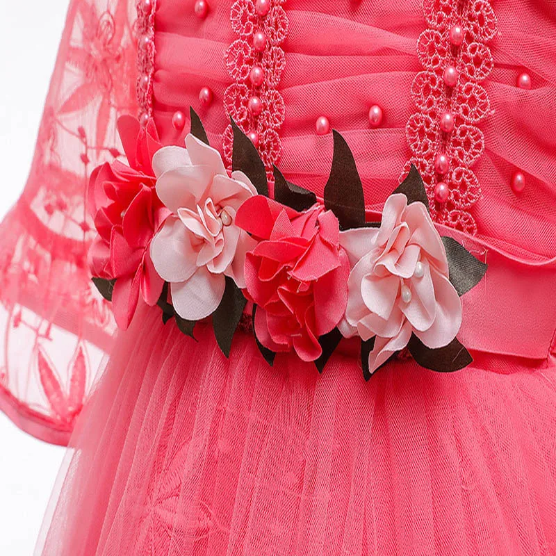 

Flower Girls Dresses Bow Appliques Pearls Embroidery Three Quarter Tulle Lace O-Neck Knee-Length Kids Party Princess Gown F264