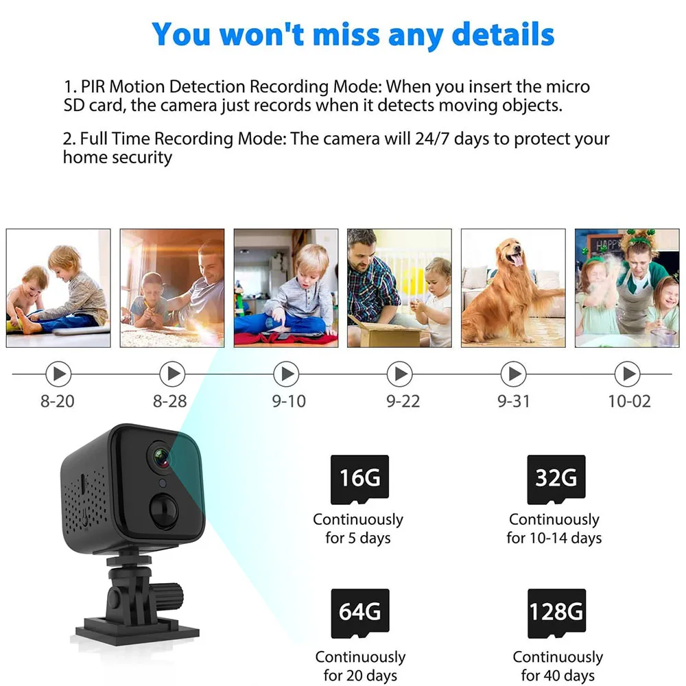 

WiFi HD 1080P mini IP Camera PIR 30-Days Standby Low Power Consumption Motion Detection Video Recorder Night Vision Security cam