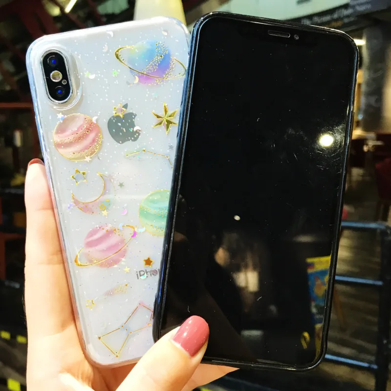 Doodle Universe Planet Mobile Shell for iPhone X XS XR XSMax 8 7 6 6S PluS Transparent Epoxy Luxury Drop Protection Cover |