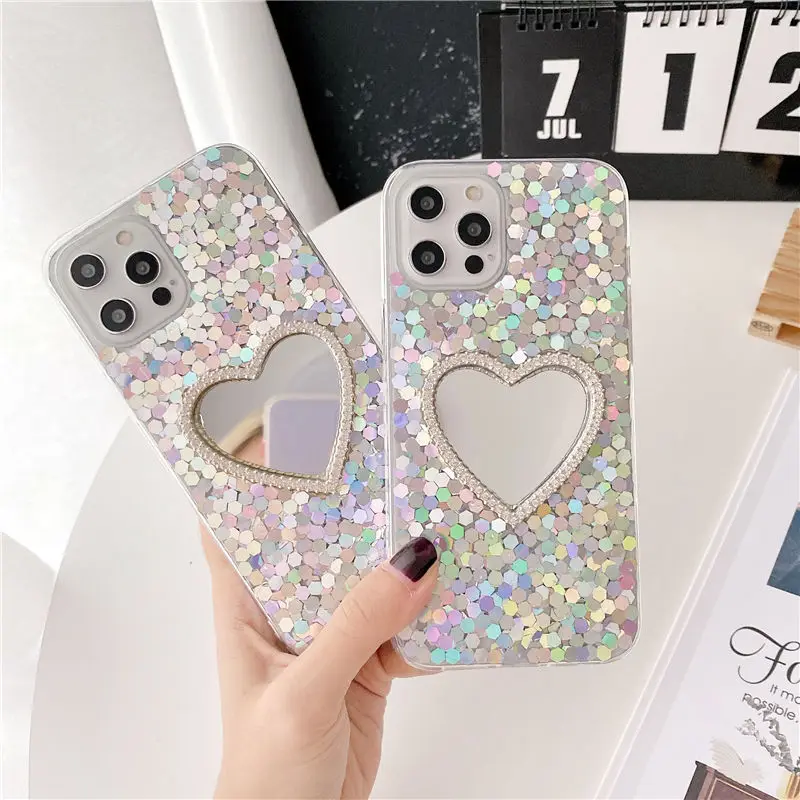 Блестящие чехлы для телефонов с сердечками iphone 12 11 Pro XS Max XR X чехол девочек