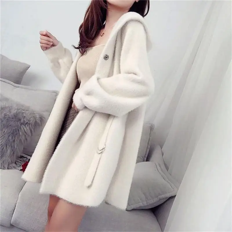 

Women 2021 Spring Autumn Faux Mink Hooded Oversize Knitted Cardigan Sweater Coat Female Warm Thicken Loose Jacket Outerwear
