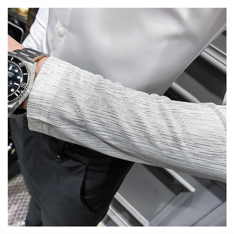 

Fashion Patchwork Shiny Silver Sleeve Shirt For Men Spring Autumn Black White Streetwear Urban Mens Shirts Casual Slim Fit V316