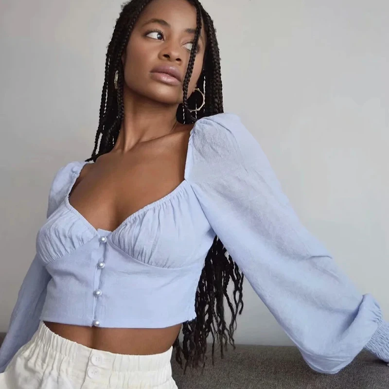 

Vintage Women Sexy V Neck Blue short Shirts 2021 Summer Fashion Ladies Pearl Bomb Slim Tops Casual Female Chic Shirt Elegant