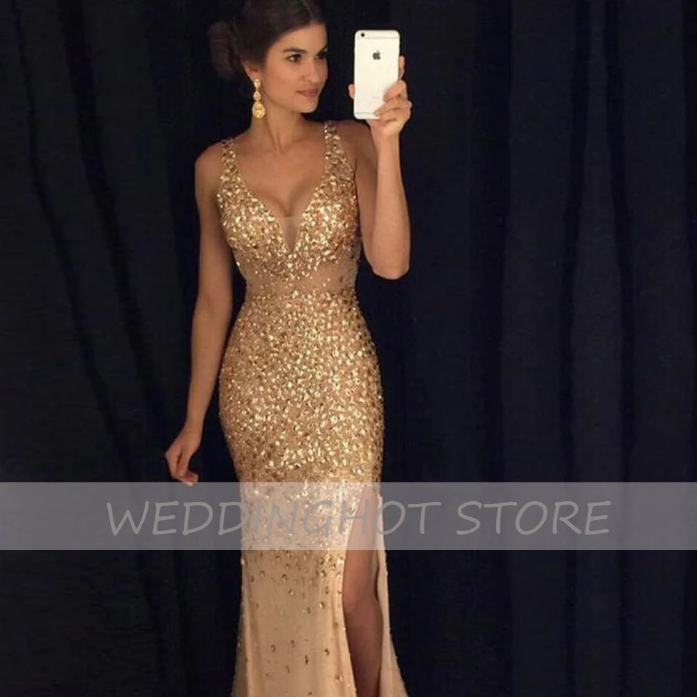 

Sexy Sequin Evening Party Dress Long Luxury 2021 Deep V-Neck Gorgeous Sparkle Tulle Prom Gown Elegant Sleeveless robes de soirée