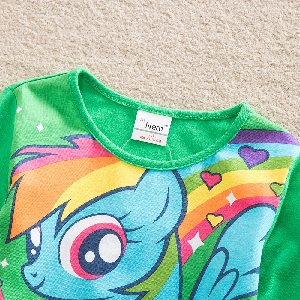 JUXINSU My Baby Girls Little Pony Cartoon Girl Rainbow Long Sleeve Dresses Pony Casual Dress Autumn Winter Home Wear 1-8 Years
