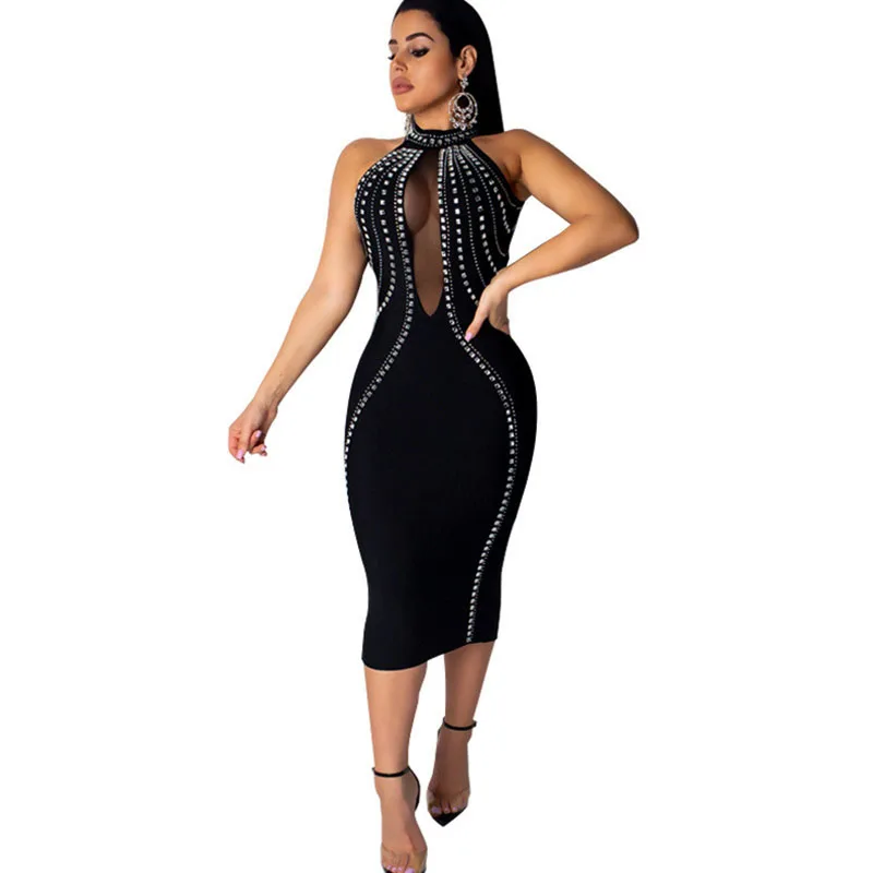 

Sparkly Rhinestone Sexy Party Dress Women Turtleneck Elegant Diamond Mesh Sheer Luxury Embellished Celebrity Bodycon Dress Club