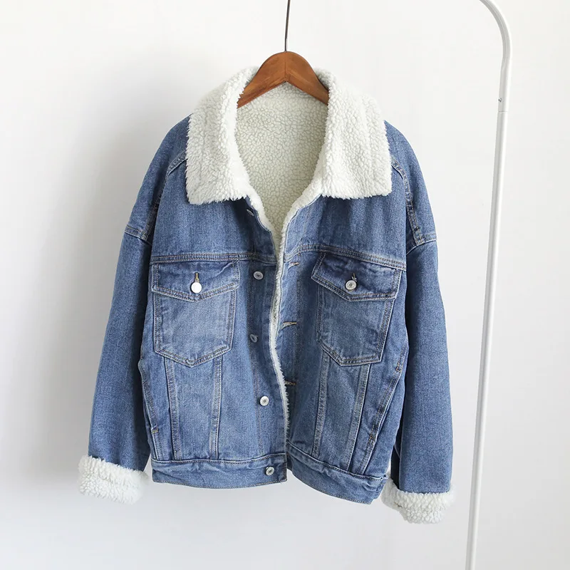 Женское джинсовое пальто из овечьей шерсти теплое с 4 карманами и длинными