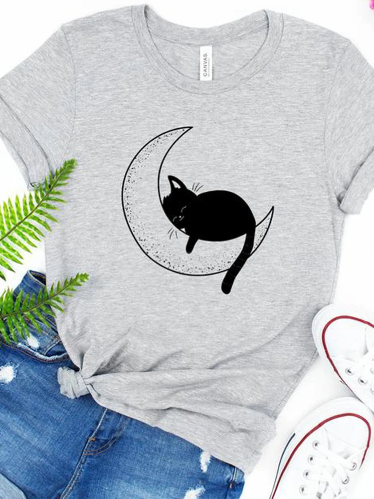 

Moon Cat Funny Printed Women T-shirt Female Graphic Tee Shirt Oversized Summer Fashion Tops Pet Lover Shirts Dropshipping Clothe