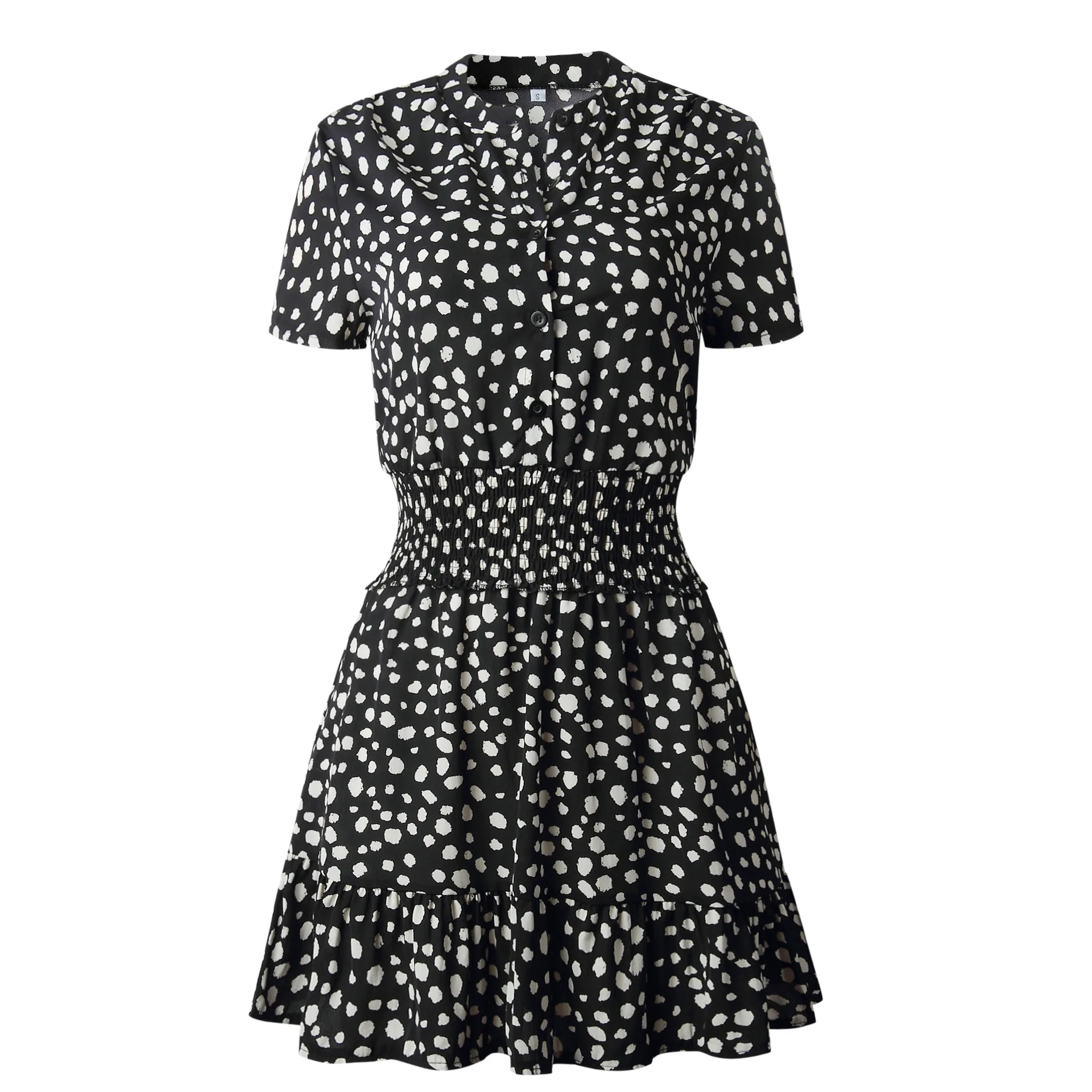 

Summer New Women Short Sleeve Button Elastic Waist Fashion Mini Dress Frill V-neck Casual Dress Sexy Women Party Holiday Dress