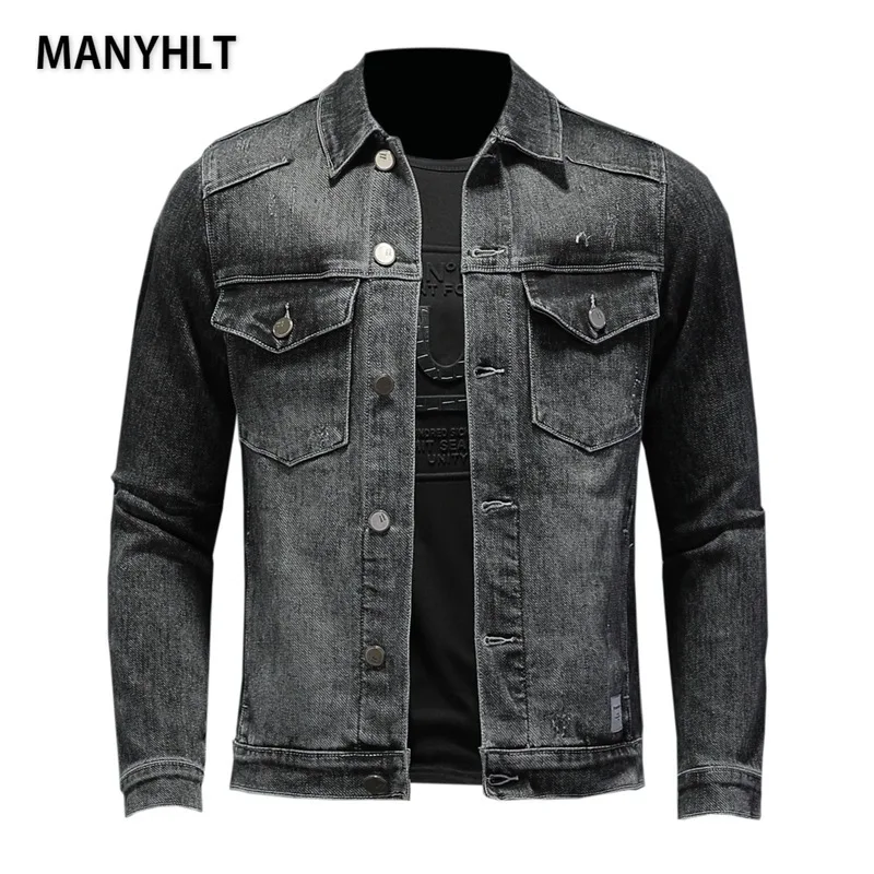 

MANYHLT Four Seasons Men Denim Jackets Casual Solid Color Lapel Single Breasted Jeans Jacket Slim Fit Cotton Outwear Jackets