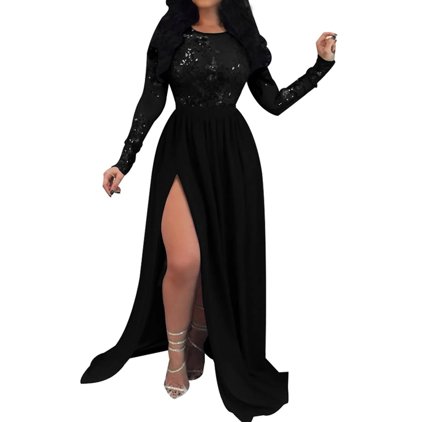 

Women Fashion Solid Backless Sequin Perspective Lace Mesh Splice Hem Slit Dress Boho Long Dress Casual V-Neck Split Sexy Party