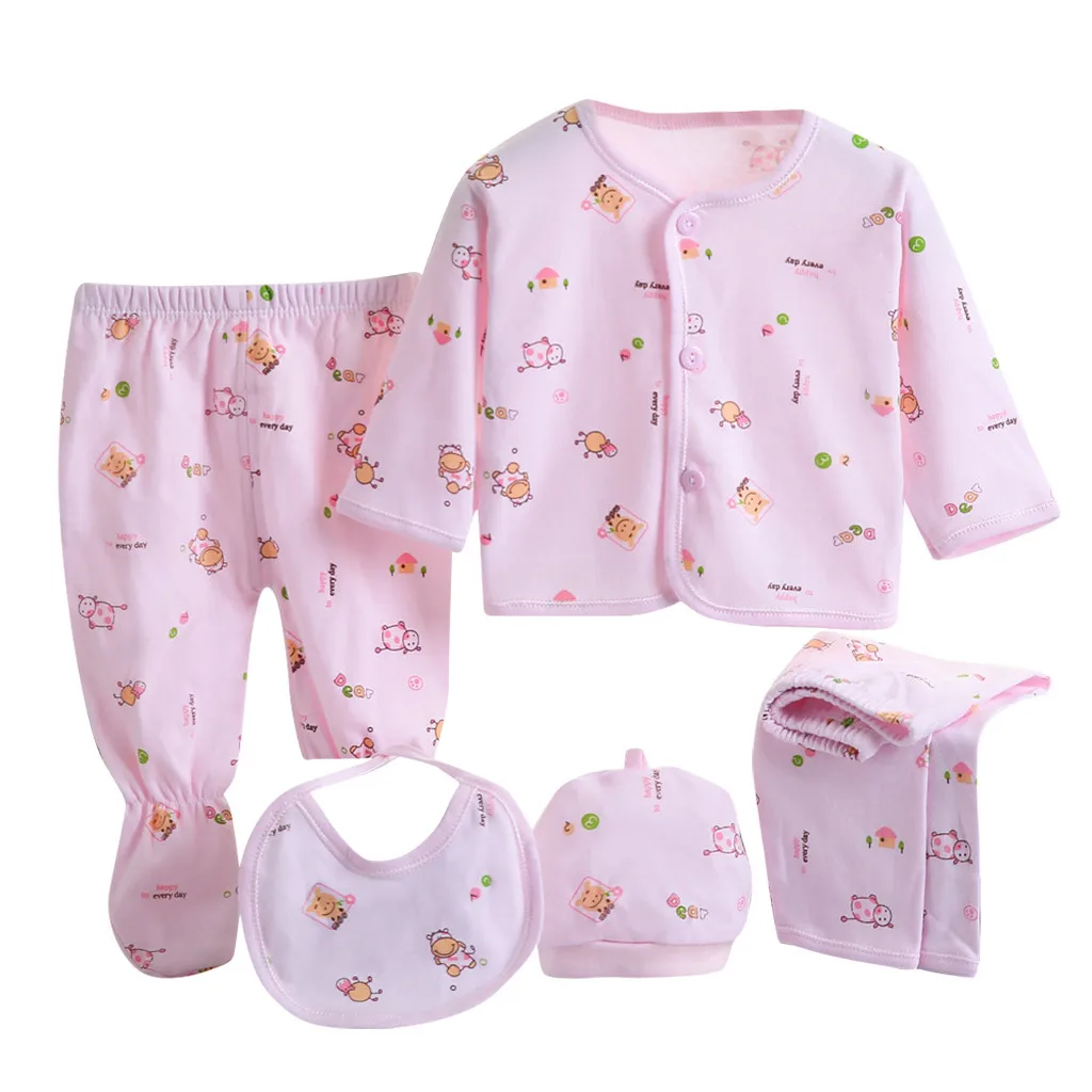 5Pcs Cute Newborn Baby Outfits Toddler Sleepwear Outfit Long Sleeve Cartoon Animal Print Tops +Hat+Pants +Bib Set Y96 | Детская одежда