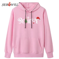 sebowel womens drawstring hooded sweatshirts be live letters print christmas ladies casual long sleeve pullover top clothes